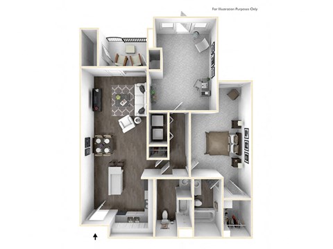 Floor plan for 1 bed, 2 baths, 1074 sqft